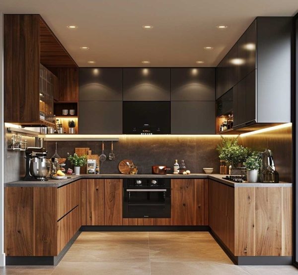 Tủ bếp gỗ Plywood phủ Melamin vân óc chó CN24